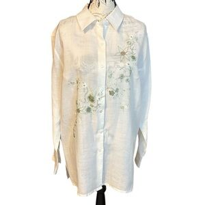 Duality Women’s Embroidered Button-Up Blouse Long Sleeve Linen White Size XL